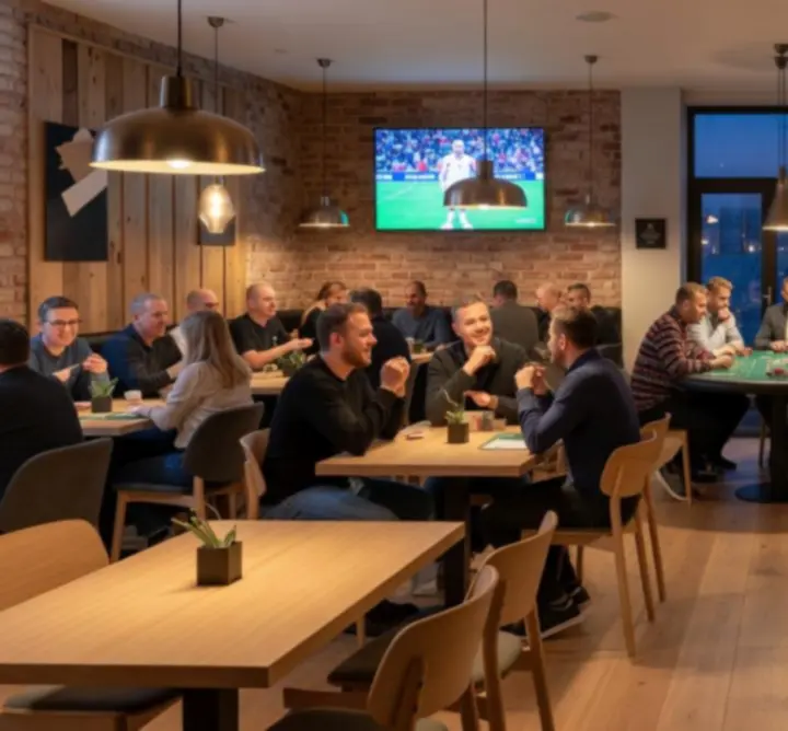 Nowoczesne wnętrze GOL-INSTAL z barem, stolikami restauracyjnymi i ekranami sportowymi.